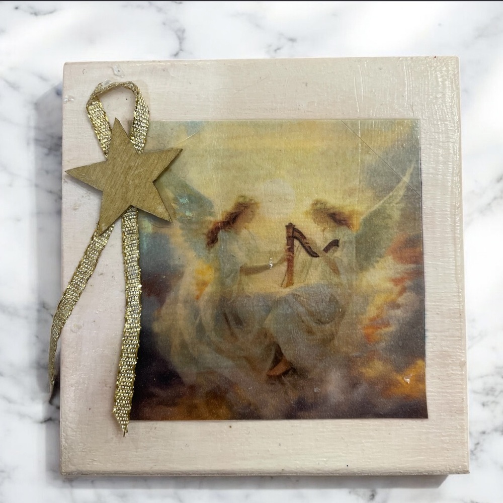Handmade Wooden Box with Angel Artwork and Gold Star Accent